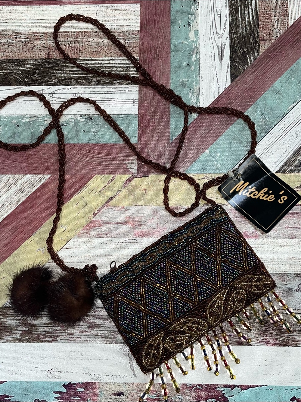 Mitchies NWT Beaded Crossbody Bag Brown/Multi Lining Zip Top Faux Fur Pom